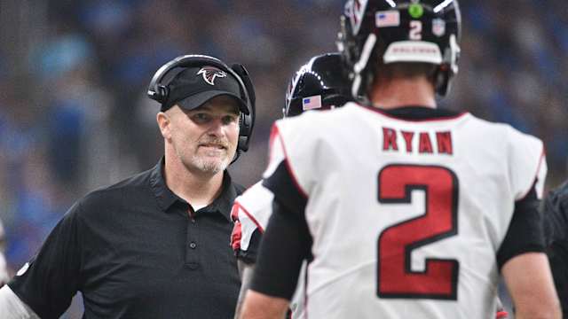 Sep 24, 2017; Detroit, MI, USA; Atlanta Falcons head coach Dan Quinn high fives quarterback Matt Ryan (2) during the fourth quarter against the Detroit Lions at Ford Field.